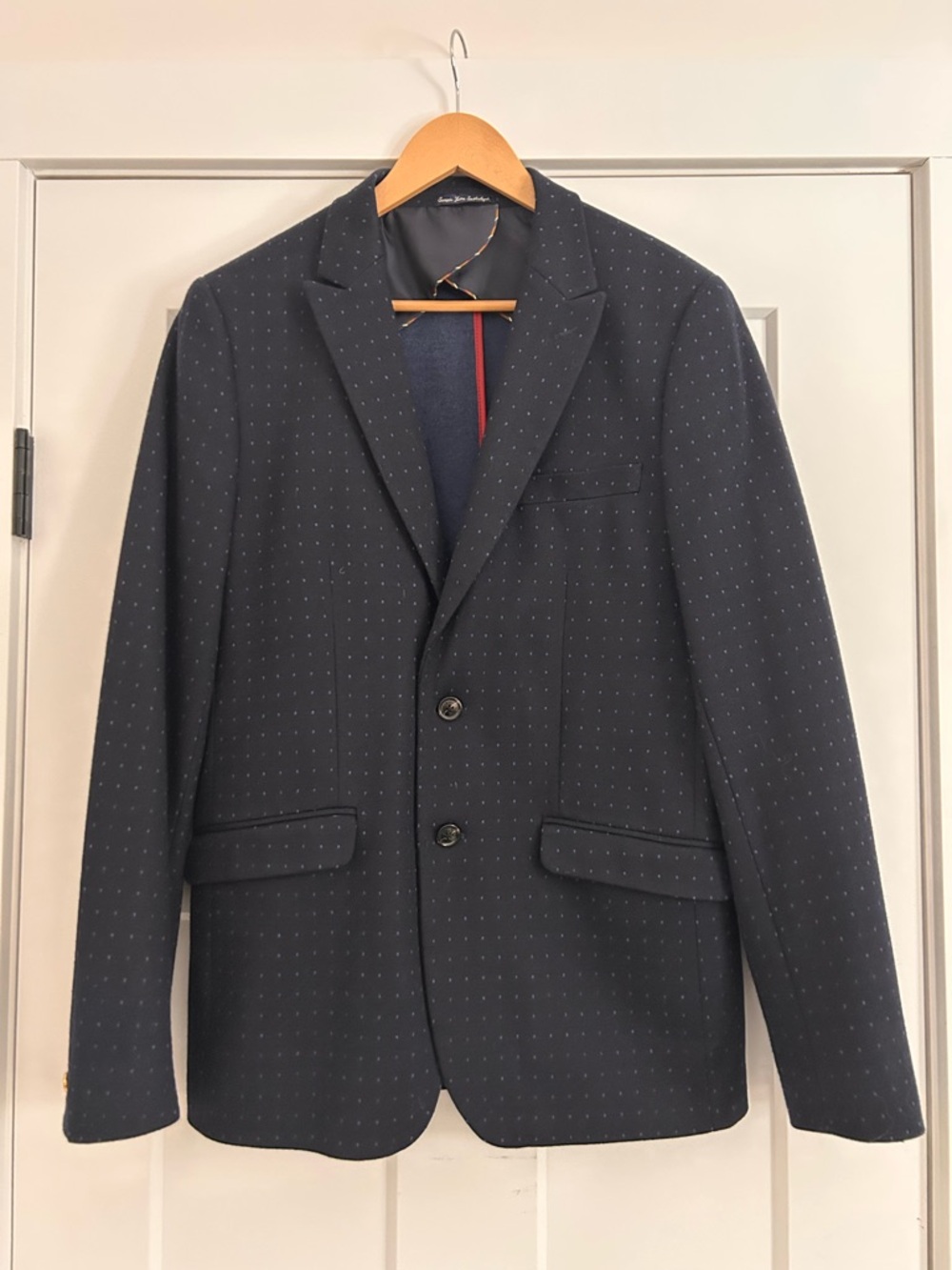 Scotch & Soda Navy Pindot Two-Button Blazer and pants. Large Jacket, Medium Pant